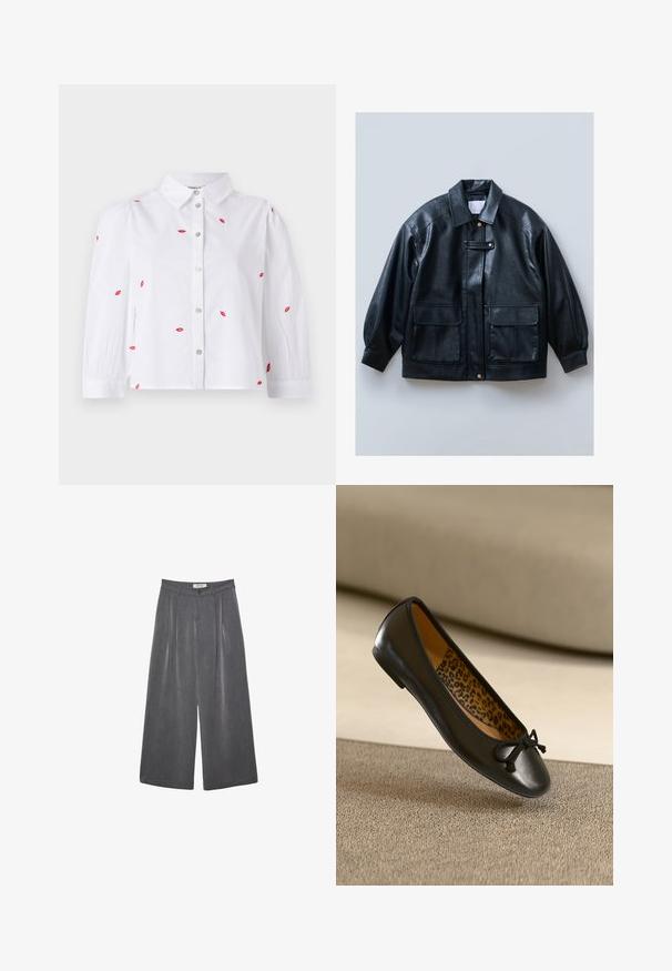 Čierna umelá kožená bunda s golierom, zapínaním na gombíky, dvoma prednými vreckami na klopu a štruktúrovanými, oversized rukávmi.; Biela bavlnená blúzka s krátkymi puff rukávmi, ktorá má vyšívané vzory červených pier. S bodkovaným límcom. Zapínanie na gombíky vpredu.; Biela krátkopsová tričko vyrobené z bavlny. Má okrúhly výstrih a voľný strih. Hladká textúra bez viditeľných vzorov alebo akcentov.; Záhybové nohavice s širokými nohavicami v tmavosivej látke s jemnou štruktúrou. Obsahujú zapínanie na gombík a klasický dizajn pásu.; Čierne kožené baletné baleríny s okrúhlou špičkou a látkovým mašľou, vnútorná strana s leopardím vzorom. Hladká textúra a štíhly profil.