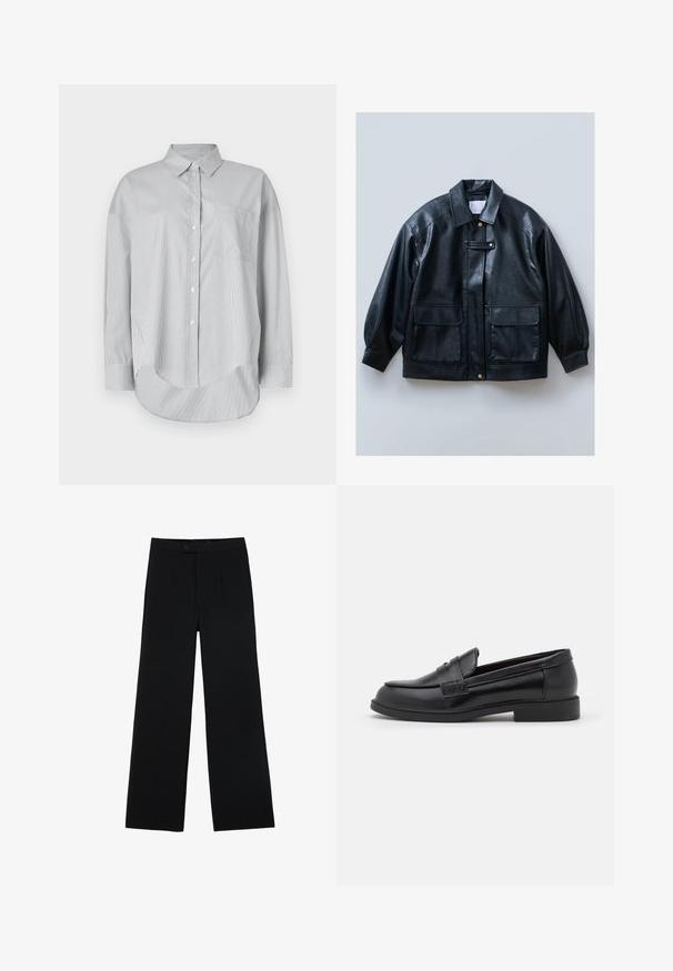 Crna faux kožna jakna s ovratnikom, zatvaranjem na gumbe, dva prednja džepa s preklopom i strukturiranim, prevelikim rukavima.; Svijetlosiva košulja s dugim rukavima izrađena od glatkog materijala. Ima tanke vertikalne pruge, džep na prsima i zakrivljen rub.; Crne široke hlače od glatke tkanine, s prednjim kopčanjem na gumb i dva pregiba za dodatne detalje. Ukupno krojenje.; Crne kožne mokasine s glatkom teksturom, zaobljenim vrhom, šivanim detaljima na gornjem dijelu i niskom, ravnom gumenom potplatu.