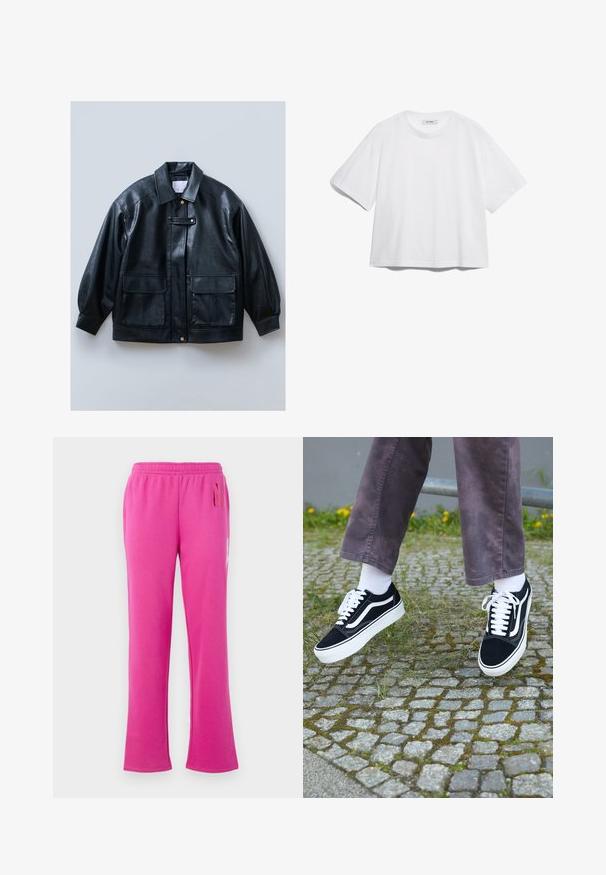 Czarna kurtka z sztucznej skóry z kołnierzem, zapinana na guziki, z dwiema przednimi kieszeniami z klapkami oraz wyraźnie strukturalnymi, oversize'owymi rękawami.; Biały bawełniany t-shirt z krótkimi rękawami, okrągłym dekoltem, luźnym krojem oraz bez widocznych wzorów czy grafik. Gładka tekstura i prosty design.; Różowe dresowe spodnie z polaru z elastycznym paskiem w talii, prostym krojem nogawek oraz subtelnym napisem na górnej prawej udzie.; Czarne zamszowe trampki z białymi akcentami, z zaokrąglonym noskiem, grubą białą podeszwą i klasycznym sznurowaniem, noszone z białymi skarpetami i fioletowymi spodniami.