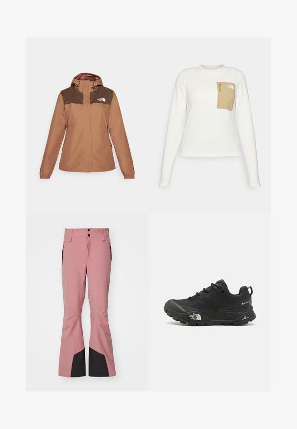 Braune wasserdichte Jacke mit Kapuze, kontrastierenden dunkelbraunen Schultern, Reißverschluss vorne, elastischen Bündchen und Logodetail auf der Brust.; Weißes Langarmhemd aus strukturiertem Stoff mit einer beigen aufgesetzten Tasche, die einen Kordelzug und ein Logo trägt.; Rosa Skihosen aus wasserfestem Material, mit weitem Beindesign, schwarzen Akzenten an den Knöcheln und zwei Frontknöpfen an der Taille.; Schwarzer Wanderschuh mit einer strukturierten Oberfläche, Schnürverschluss und einer massiven Gummisohle, die auf der Seite ein ausgeprägtes Logo sowie Profilmuster zeigt.