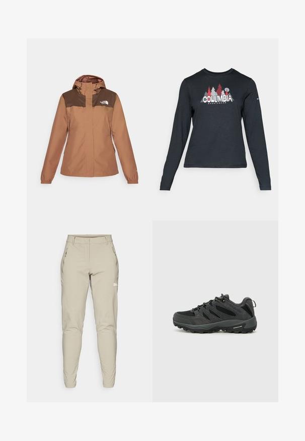 Smeđa vodootporna jakna s kapuljačom, kontrastnim tamnosmešnim ramenima, prednjim zatvaračem, elastičnim manžetama i logotipom na grudima.; Majica dugih rukava tamnosive boje s grafikom crvenih drveća i planina; logo "COLUMBIA" u podebljanom bijelom tekstu. Mekana tkanina, standardni okrugli izrez.; Bež hlače za vanjske aktivnosti u slim fit kroju, glatke teksture, s bočnim zip džepovima i malim logom na butini. Prilagođeni otvoreni dio oko gležnjeva.; Columbia REDMOND - Obuća za pješačenje - black/citron haze