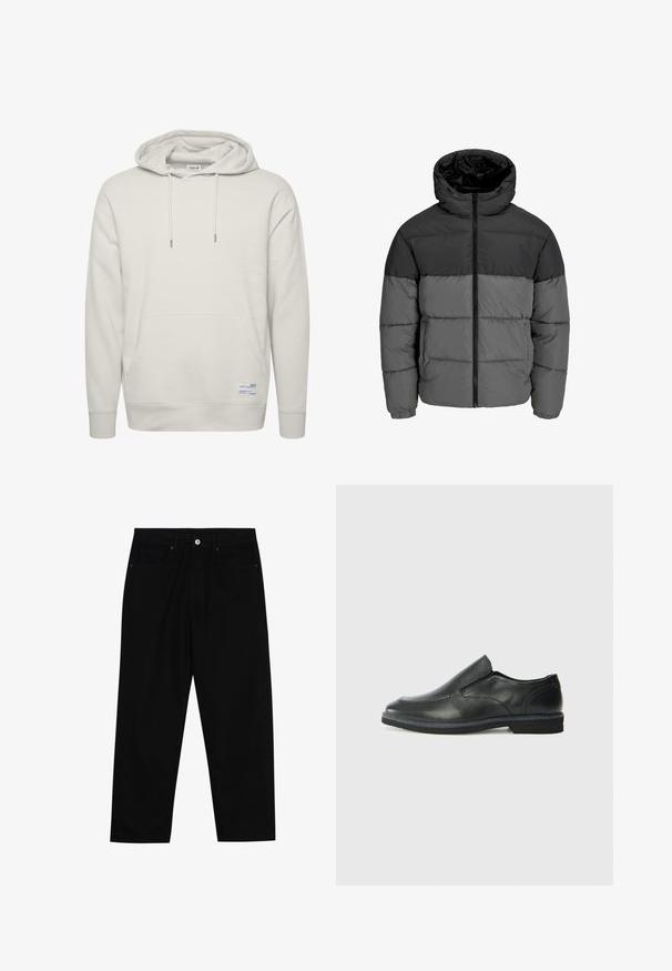 Pufferjack in zwart en donkergrijs. Beschikt over een rits aan de voorkant, een capuchon kraag en een gewatteerde textuur met effen kleurblokken.; Lichtbeige hoodie van zacht materiaal, met een voorzak, een capuchon met trekkoord en ribgebreide manchetten. Bevat een klein labeldetail.; Zwarte denim broek met een recht gesneden pasvorm, vijf gebruikersvriendelijke zakken en een sluiting met een knoop aan de voorkant. Soepele textuur met minimale stikdetails.; Zwarte leren instapper met een soepele bovenkant, gestikte accenten, ronde neus en een lage rubberen hak. De zool heeft minimale profiel.