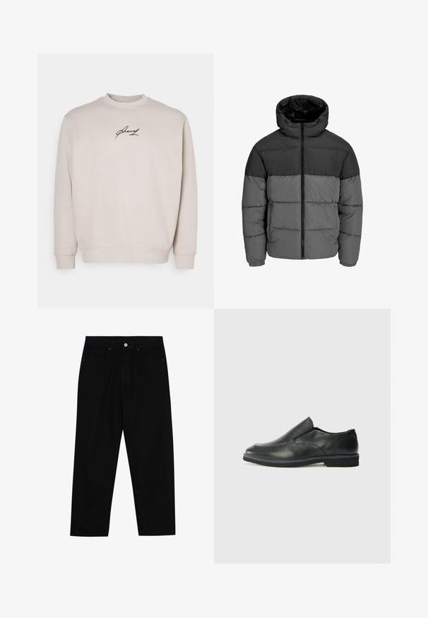 Puffatakki mustana ja tummanharmaana. Varustettu vetoketjulla edessä, huppu kauluksessa ja tikattu pinta, jossa on yksivärisiä paloja.; Beige huppari, joka on valmistettu pehmeästä kankaasta, sisältää pyöreän kaula-aukon, pitkät hihat ja mustan brodeeratun logon rinnassa. Normaali istuvuus.; Mustat farkut suoraan lahkeella, viisi taskua ja etunappikiinnitys. Sileä rakenne, jossa on vain vähäisiä ompelualueita.; Musta nahkainen liukujalkine, jossa on sileä pinta, ommeltuja yksityiskohtia, pyöristetty kärki ja matala kumipohja. Pohjassa on minimaalinen pito.