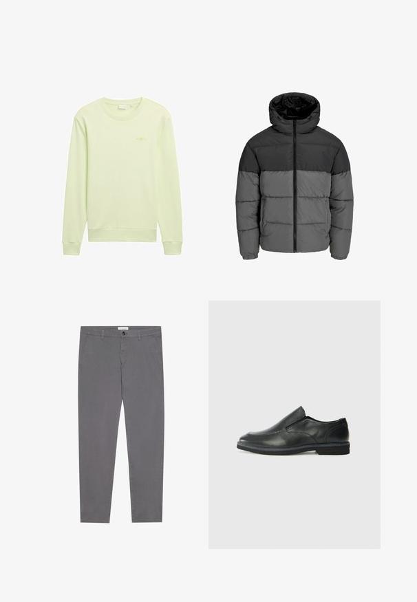 Kurtka puchowa w kolorze czarnym i ciemnoszarym. Posiada zamek z przodu, kaptur oraz pikowaną teksturę z jednolitymi blokami kolorów.; Jasnozielona bluza z okrągłym dekoltem, elastycznymi mankietami i małym nadrukowanym logo z napisem „1962” z przodu. Miękka faktura.; Szare bawełniane spodnie o slim fit, z dwoma przednimi kieszeniami, jedną tylną kieszenią oraz zapięciem na guzik w talii.; Czarne skórzane buty wsuwane z gładką cholewką, przeszyciami, okrągłym noskiem i niskim gumowym obcasem. Podeszwa ma minimalny bieżnik.