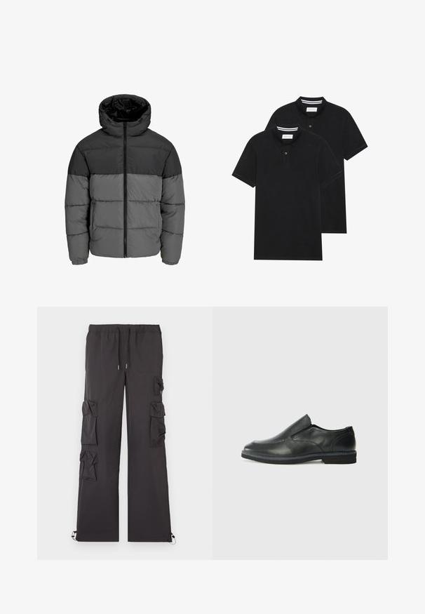 Pufferjack in zwart en donkergrijs. Beschikt over een rits aan de voorkant, een capuchon kraag en een gewatteerde textuur met effen kleurblokken.; Twee zwarte polo shirts, met korte mouwen, van katoen, met een klassieke kraag, een knoopsluiting met twee knopen en witte gestreepte accenten aan de binnenkant van de kraag.; Zwarte cargo broek met een trekkoord in de taille, voorzien van meerdere zakken aan de zijkanten en elastische manchetten bij de enkels. Lichtgewicht stof.; Zwarte leren instapper met een soepele bovenkant, gestikte accenten, ronde neus en een lage rubberen hak. De zool heeft minimale profiel.
