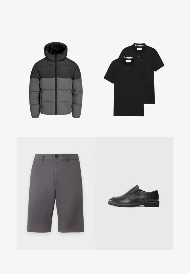 Giacca a vento in nero e grigio scuro. Presenta una zip frontale, colletto con cappuccio e una texture trapuntata con blocchi di colore solidi.; Due magliette polo nere, con maniche corte, in cotone, con colletto classico, pattina a due bottoni e dettagli a righe bianche all'interno del colletto.; Pantaloni corti grigi realizzati in tessuto misto cotone, con chiusura a bottone, tasche laterali e un design pulito e dritto.; Scarpa nera in pelle con inserto scivolare, superiore liscio, dettagli cuciti, punta arrotondata e tacco in gomma basso. La suola presenta un battistrada minimale.