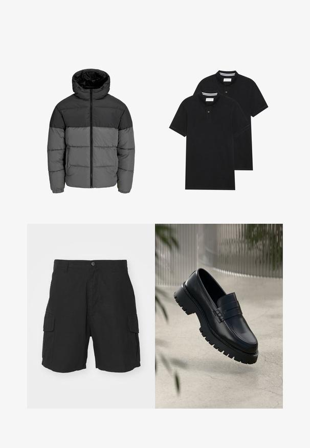 Puffjacke in Schwarz und Dunkelgrau. Sie verfügt über einen Reißverschluss an der Vorderseite, einen Kapuzenkragen und eine gesteppte Textur mit einfarbigen Blockelementen.; Zwei schwarze Polohemden, kurzärmlig, aus Baumwolle, mit einem klassischen Kragen, zwei Knöpfen und weißen Streifenakzenten im Inneren des Kragens.; Schwarze Cargo-Shorts aus leichtem Stoff, mit zwei Seitentaschen, einem Knopfverschluss und einer lockeren Passform bis zur Mitte des Oberschenkels.; Schwarze Lederloafer mit einer robusten profilierten Sohle, ausgestattet mit einem dekorativen Riemen und einer Stichdetail. Glatte Textur mit einem polierten Finish.