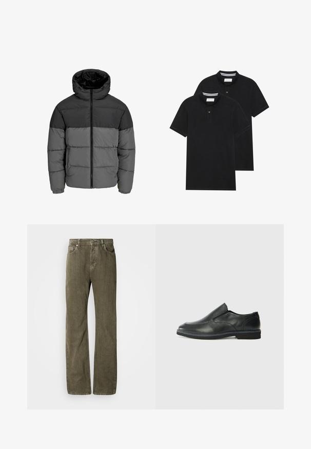 Pufferjack in zwart en donkergrijs. Beschikt over een rits aan de voorkant, een capuchon kraag en een gewatteerde textuur met effen kleurblokken.; Twee zwarte polo shirts, met korte mouwen, van katoen, met een klassieke kraag, een knoopsluiting met twee knopen en witte gestreepte accenten aan de binnenkant van de kraag.; Olijfgroene rechte jeans van textuurkatoen. Heeft vijf zakken, een metalen knoopsluiting en subtiele verticale naden.; Zwarte leren instapper met een soepele bovenkant, gestikte accenten, ronde neus en een lage rubberen hak. De zool heeft minimale profiel.