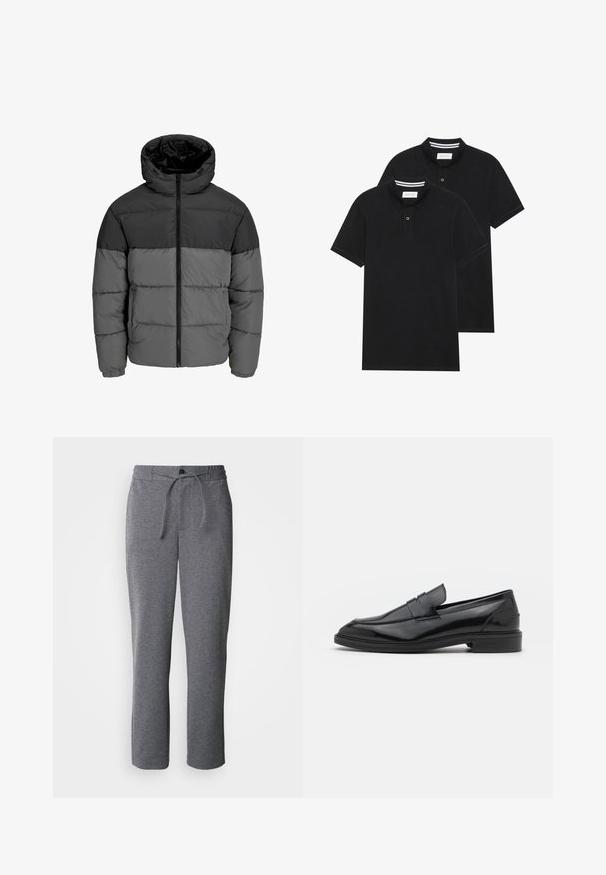 Chaqueta acolchada en negro y gris oscuro. Cuenta con un cierre frontal de cremallera, collar con capucha y textura acolchada con bloques de color sólido.; Dos camisetas polo negras, de manga corta, de material de algodón, que presentan un cuello clásico, una tapeta de dos botones y acentos de rayas blancas en el interior del cuello.; Pantalones de chándal grises hechos de una tela suave, con una cintura ajustable con cordón, piernas rectas y un diseño simple, sin adornos.; Mocasines de cuero negro con un acabado suave, que presentan una punta redondeada y una banda estrecha en la parte superior. Tacón bajo apilado.