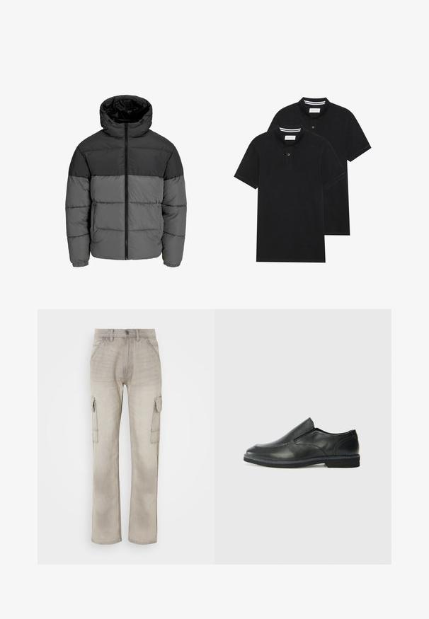 Jachetă puf în negru și gri închis. Dispune de un fermoar frontal, guler cu glugă și textură matlasată cu blocuri de culoare uniformă.; Două tricouri polo negre, cu mânecă scurtă, din material de bumbac, având un guler clasic, deschidere cu două butoane și accente albe cu dungi în interiorul gulerului.; Pantaloni cargo bej din denim, cu două buzunare laterale, design cu picior drept și cusături vizibile. Finisaj texturat cu un aspect ușor decolorat.; Pantof de piele neagră, tip slip-on, cu un superior neted, accente cusute, vârf rotunjit și un toc jos din cauciuc. Talpa are un profil minim de aderență.
