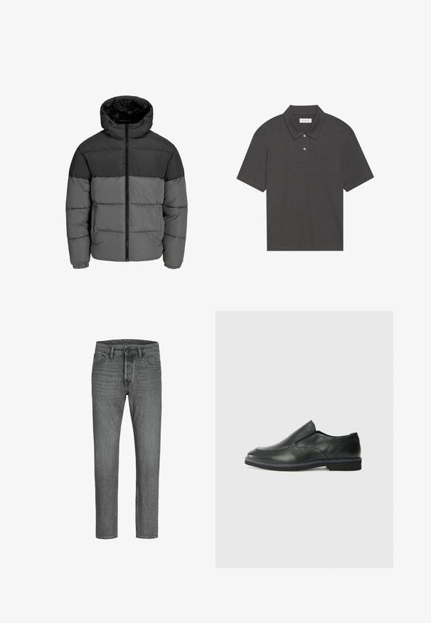 Puffer jacket in black and dark gray. Features a zip front, hooded collar, and quilted texture with solid color blocks.; Dark gray polo shirt with a traditional collar, three-button placket, short sleeves, and a left chest pocket. Smooth fabric texture.; Gray denim jeans with a straight cut, five-pocket design, and metal button closure. Well-worn texture and subtle fading throughout.; Black leather slip-on shoe with a smooth upper, stitched accents, rounded toe, and a low rubber heel. Sole features minimal tread.