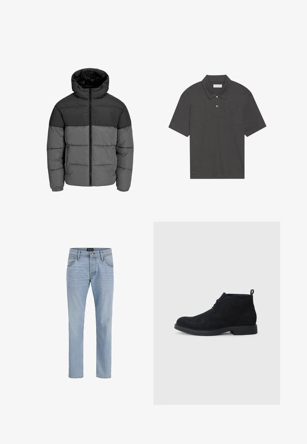 Chaqueta acolchada en negro y gris oscuro. Cuenta con un cierre frontal de cremallera, collar con capucha y textura acolchada con bloques de color sólido.; Camisa polo gris oscuro con un cuello tradicional, tapeta de tres botones, mangas cortas y un bolsillo en el pecho izquierdo. Textura de tela suave.; Jeans de mezclilla azul claro con corte slim, diseño de cinco bolsillos, textura sutilmente deslavada y herrajes metálicos en la cremallera y el cierre de botón.; Botas de tobillo de ante negro con punta redonda, diseño con cordones y suela de goma texturizada. Presentan una pequeña lengüeta en la parte trasera.