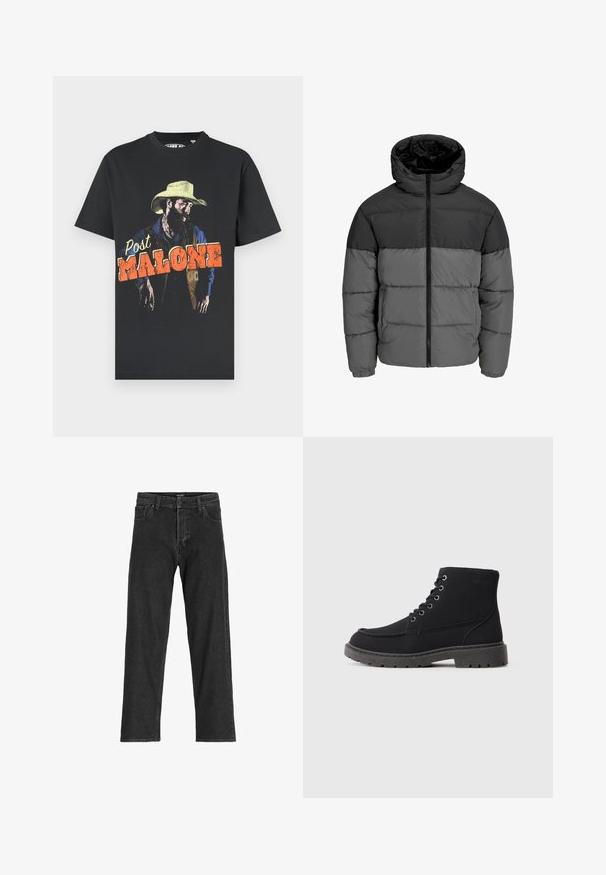 Puffer jacket in black and dark gray. Features a zip front, hooded collar, and quilted texture with solid color blocks.; Black cotton t-shirt featuring a cowboy graphic, with "Post Malone" text in bold orange. High-detail print with a textured look.; Black denim jeans with a straight leg design, featuring a zip fly, belt loops, and six pockets, made from a sturdy cotton blend fabric.; Black ankle boots made of textured material with a flat sole, round toe, and six eyelet lacing. Reinforced stitching along the edge.