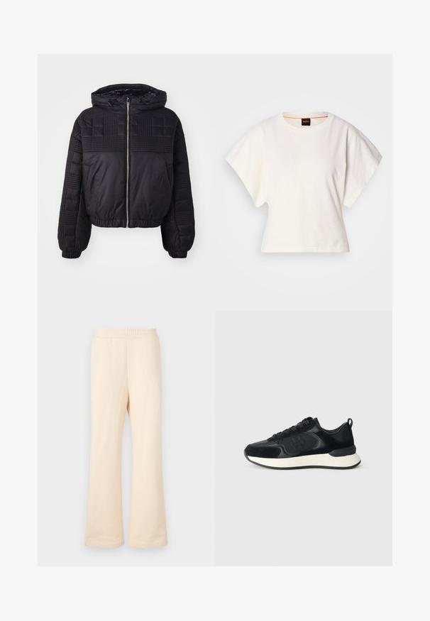 Sort pufferjakke med quiltet tekstur, hætte og elastiske manchetter. Har en frontlynlås og en cropped design.; Hvid cropped T-shirt, korte brede ærmer, blødt bomuldsstof, rund halsudskæring med diskret orange kant, minimalistisk design uden mønstre eller grafik.; Beige bredde-bukser i sweatshirtstof lavet af blødt bomuldsstof, med elastisk linning og subtilt broderet logo på venstre side foran.; Sort atletisk sko med en glat læderoverdel, ruskindsdetaljer, rund tå og en kontrasterende hvid mellemsål. Har snørefunktion og logo-detail.
