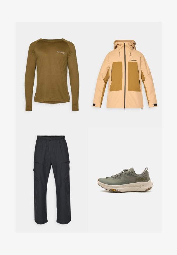 Beige- und braune Kapuzenjacke mit Frontreißverschluss, zwei großen Fronttaschen, verstellbaren Bündchen und "Peak Performance"-Logo auf der Brust.; Langarmshirt in olivgrün, aus strukturiertem Stoff. Verfügt über einen runden Ausschnitt und ein kleines Logo auf der Vorderseite.; Schwarze Cargo-Hosen mit elastischem Bund, zwei Reißverschlusstaschen und einem leichten, glatten Stoffgefühl.; Grüner Hoka-Laufschuh mit Gore-Tex-Obermaterial, strukturierten Akzenten, elastischen Schnürsenkeln und dicker beiger Sohle mit Vibram-Logo.