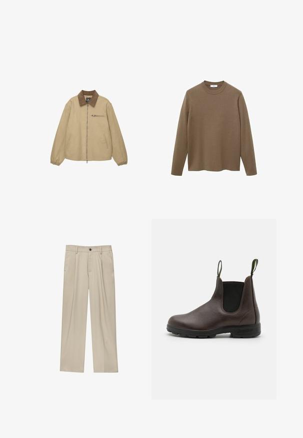 Jachetă bej cu fermoar, cu guler din material călduros maro, mânici elastice, două buzunare laterale și un buzunar pe piept cu fermoar.; Pulover lung cu mânecă lungă, de culoare maro, cu guler rotund, realizat dintr-un material neted și moale; are o croială relaxată și o margine dreaptă.; Pantaloni bej cu croi drept, dotati cu un singur nasture negru, bucle pentru centură și buzunare laterale. Textură de țesătură netedă și design minimal.; Botine Chelsea din piele maro, cu panouri elastice pe laterale, cu taburi de prindere în partea de sus și o talpă din cauciuc rezistentă, având un finisaj neted.