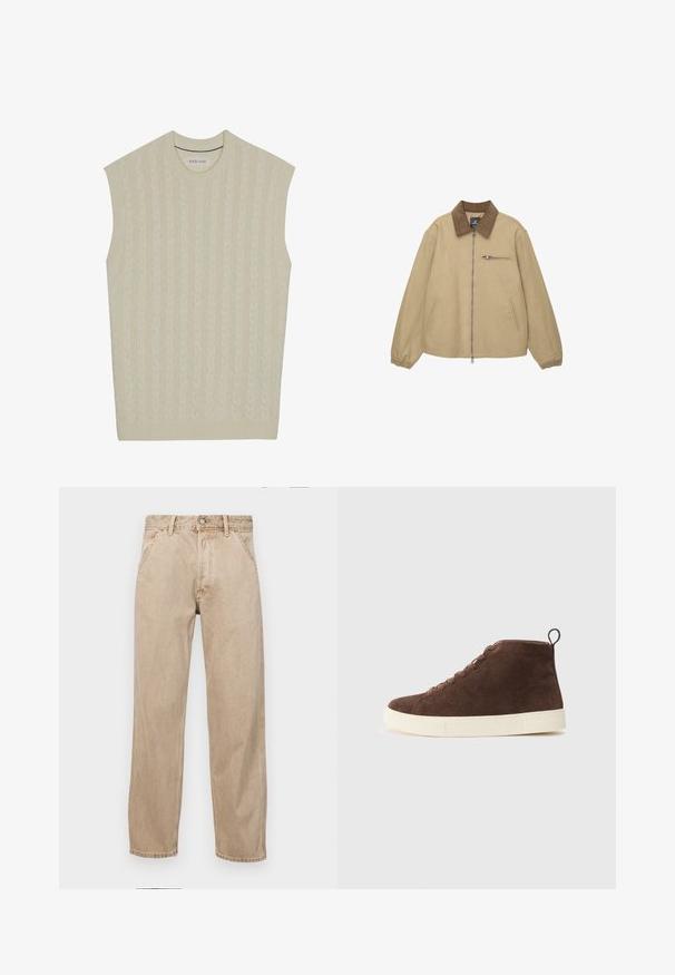 Beige lynlåsjakke med brun fløjlskrave, elastiske manchetter, to sidelommer og en lynlåslomme på brystet.; Beige ærmeløs striktrøje med kabelmønster. Har en ribbet rund halsudskæring og kant. Blød tekstur og let design.; Beige denimjeans med lige bendesign, med forlommer, metalknaplukning og subtil struktur.; Brune ruskind ankel sneakers med en hvid gummisål, der har en rund tå, snørebåndsdesign og en løkkerem bagpå.