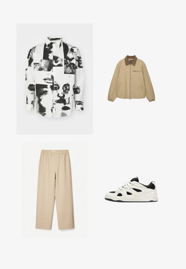 Beżowa kurtka zapinana na zamek z brązowym kołnierzem z walcowanej tkaniny, elastycznymi mankietami, dwoma bocznymi kieszeniami i jedną kieszenią na klatce piersiowej z zamkiem błyskawicznym.; Kidsuper - Koszula; Beżowe spodnie szerokie z elastycznym paskiem, wykonane z miękkiego materiału, o gładkiej fakturze i minimalnych detalach szwów.; Białe i czarne buty sportowe z teksturowaną podeszwą, z wyciętymi wzorami po bokach oraz sznurowadłami, a także wyściełanym tyłem dla wsparcia.
