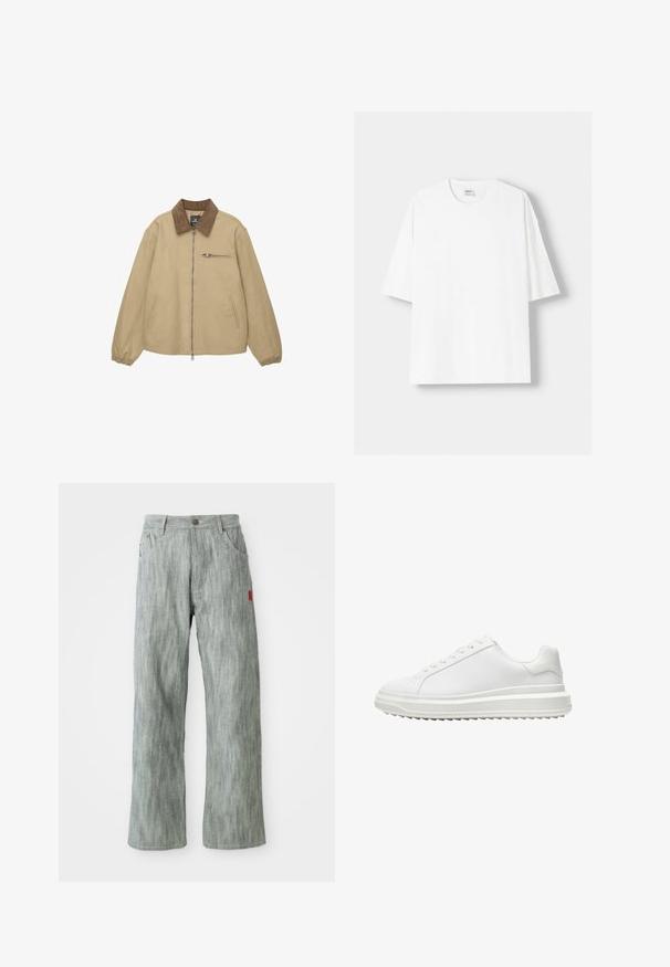 Beige bunda na zip se hnědým manžestrovým límcem, elastickými manžetami, dvěma bočními kapsami a jednou kapsou na zip na hrudi.; Bílá krátkosrstá tričko s krátkým rukávem vyrobené z bavlny, se zaobleným výstřihem a volným střihem. Hladká textura, bez viditelných vzorů nebo akcentů.; Světle šedé džíny rovného střihu s předními a zadními kapsami, zapínáním na knoflík a malou červenou látkovou nášivkou na pravé straně.; Bílé tenisky s hladkým syntetickým svrškem, kulatou špičkou, plochými tkaničkami, texturovanou podrážkou a vrstveným designem platformy pro zvýšení výšky.