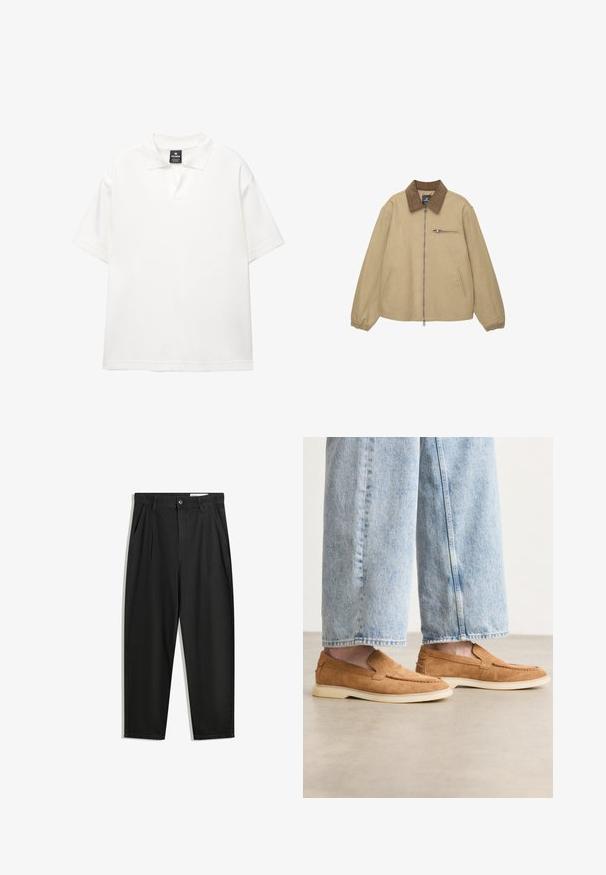 Beige bunda na zip se hnědým manžestrovým límcem, elastickými manžetami, dvěma bočními kapsami a jednou kapsou na zip na hrudi.; Bílá polo tričko s krátkým rukávem vyrobené z hladké tkaniny, s klasickým límcem, obsahující polo-zip a volný střih.; Černé bavlněné kalhoty s uvolněným střihem, klasickým pasem, předními záhyby a bočními kapsami. Hladká textura bez vzorů.; Hnědé semišové slip-on boty s nízkým profilem, krémovou podrážkou a prošíváním, spárované s světle modrými džíny.