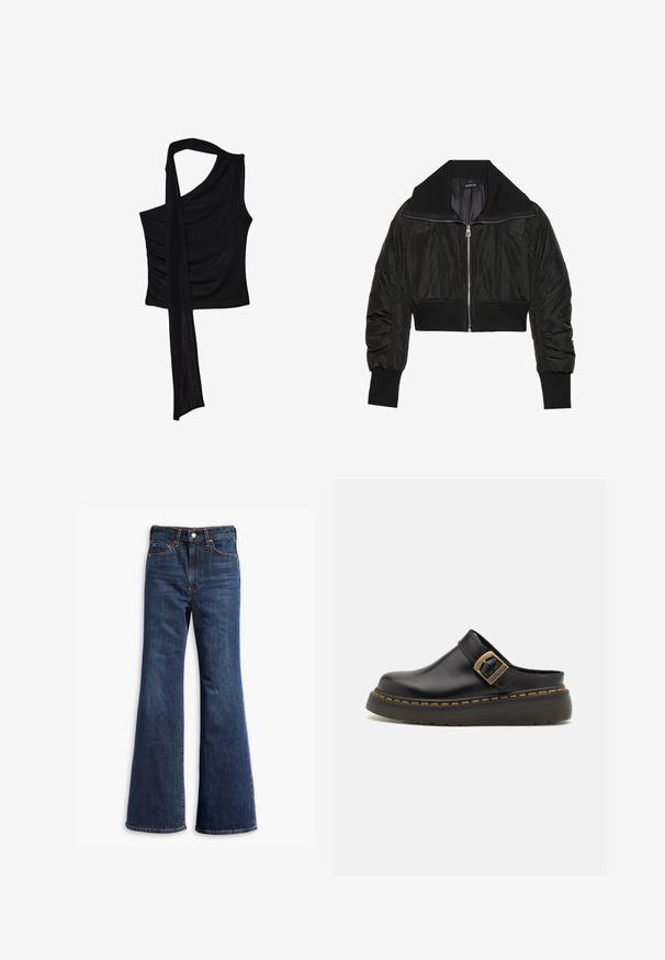 Giubbotto bomber corto nero con zip frontale, ampio colletto e polsini a costine, con una texture liscia e lucida e un design imbottito.; Top smanicato nero con una sola spallina, caratterizzato da un accento fluido e drappeggiato e una texture laterale arricciata. Realizzato in un tessuto morbido.; Jeans in denim blu scuro a vita alta con gamba a zampa d'elefante, chiusura frontale con bottone e zip, e design a cinque tasche.; Mule clog in pelle nera con una larga fascetta e dettaglio in fibbia di ottone. Presenta una suola in gomma testurizzata con accenti di cucitura gialla.