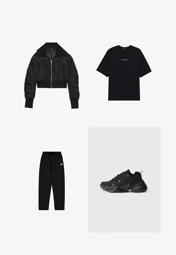 Black cropped bomber jacket featuring a zip front, wide collar, and ribbed cuffs, with a smooth, shiny texture and padded design.; Black cotton t-shirt with a loose design. Features short sleeves and a rounded neckline. Text "Positive Sincere" in white centered on the front.; Black sweatpants made of soft fabric with an elastic waistband, drawstring, and side pockets. Features a small white logo on the thigh.; Black sneakers with a mix of smooth and textured materials, thick soles, rounded shape, and decorative stitching. Features a soft, plush cuff.