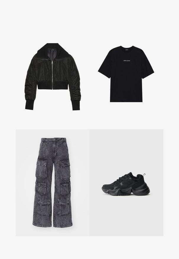 Jaqueta bomber cropped preta com fecho zip, gola larga e punhos canelados, com uma textura suave e brilhante e design acolchoado.; T-shirt de algodão preta com um design solto. Apresenta mangas curtas e um decote arredondado. Texto "Positive Sincere" em branco centrado na frente.; Alpha Industries MULTIPOCKET PANT - Calças cargo - black; Ténis pretos com uma mistura de materiais suaves e texturizados, solas grossas, forma arredondada e costura decorativa. Apresenta um punho macio e peludo.