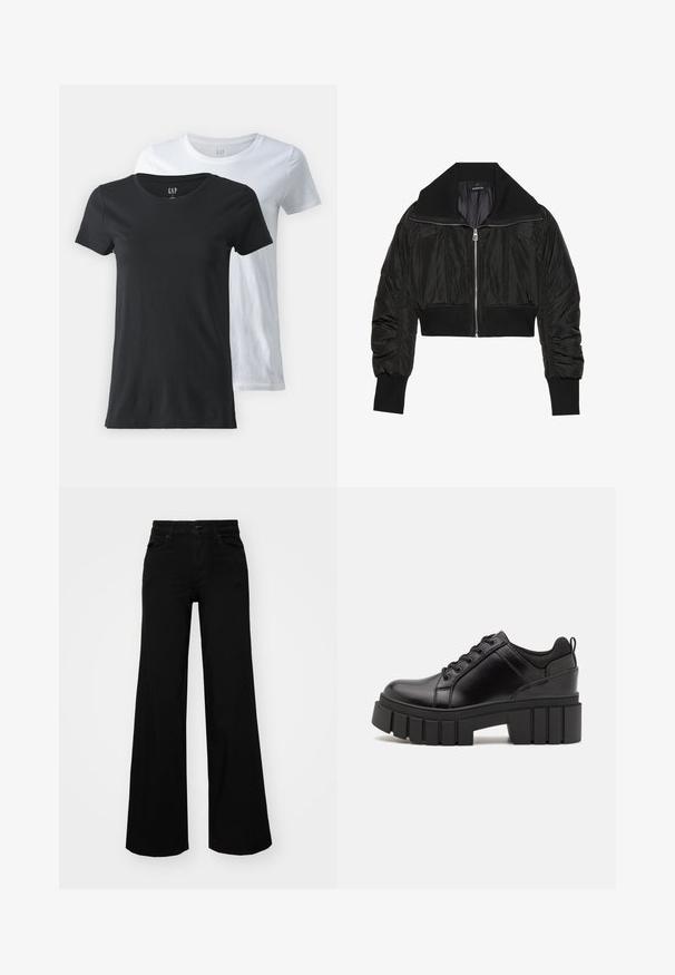 Melnā saīsinātā bomber jaka ar rāvējslēdzēju priekšpusē, plašu apkakli un ribota piedurknes, gluda un spīdīga tekstūra, kā arī polsterēts dizains.; Divas kreklu ar apaļu kakla izgriezumu, viens melns un viens balts, izgatavoti no kokvilnas auduma. Īsas piedurknes, gluda tekstūra un standarta piegriezums.; Melni plaša kāju bikses, izgatavotas no džinsa, ar strukturētu jostu, jostu cilpiņām un priekšējām kabatām. Gluda tekstūra ar klasisku dizainu.; Melnas ādas platformas kurpes ar masīvu bloku papēdi, apaļu purngalu un tradicionālu saistīšanas dizainu. Izceļas ar gludu tekstūru un minimālu apdari.