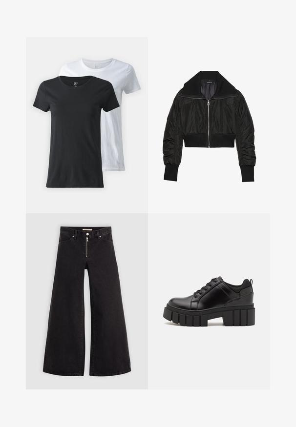 Jaqueta bomber cropped preta com fecho zip, gola larga e punhos canelados, com uma textura suave e brilhante e design acolchoado.; Duas t-shirts de gola redonda, uma preta e uma branca, feitas de tecido de algodão. Mangas curtas, textura suave e corte padrão.; Calças de ganga de perna larga em denim preto com fecho éclair à frente, design de cinco bolsos e detalhes de costura subtil. Textura suave e estilo casual.; Sapatos de plataforma em couro preto com um salto bloco robusto, bico redondo e design clássico de atacadores. Apresentam uma textura suave e detalhes mínimos.