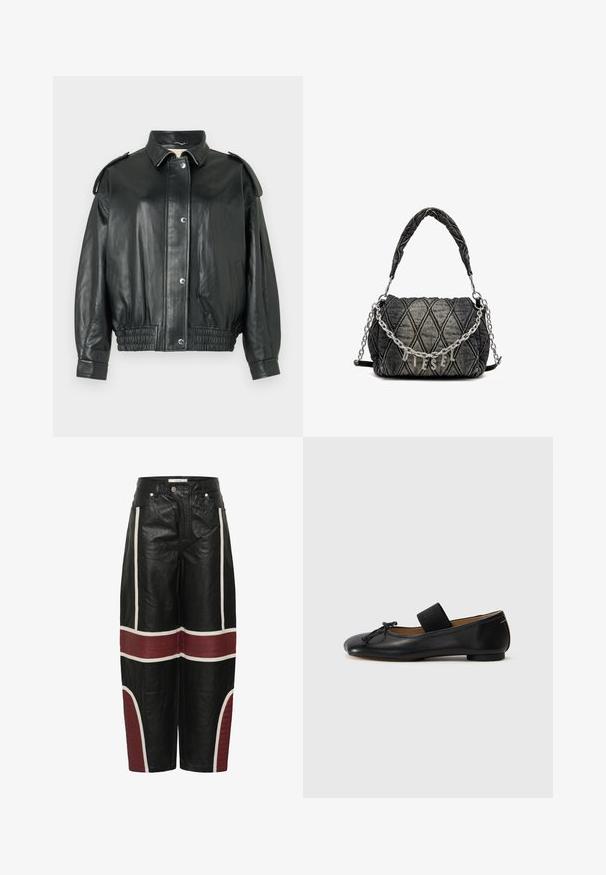 Fekete bőrdzseki klasszikus gallérral, patentos záródással, oldalsó zsebekkel és ráncolt elasztikus derékpánttal. Válldíszítésekkel rendelkezik.; VILA VIVIGGA CONTRAST - Pulóver - dark grey/black; Fekete, bő szabású bőrnadrág fehér függőleges csíkokkal és bordó, vízszintes, steppelt panelekben a térd felett és az alsó lábszáron.; Fekete bőr balettcipők lekerekített orral, kicsi masni részlettel és egy elasztikus pánttal a lábfej fölött a biztonságos illeszkedés érdekében. Lapos talp.; Tömött farmer táska sötétszürke színben, lánc linkes pánttal és fényes "DIESEL" logóval. Kompakt, téglalap alakú, textúrált felülettel.