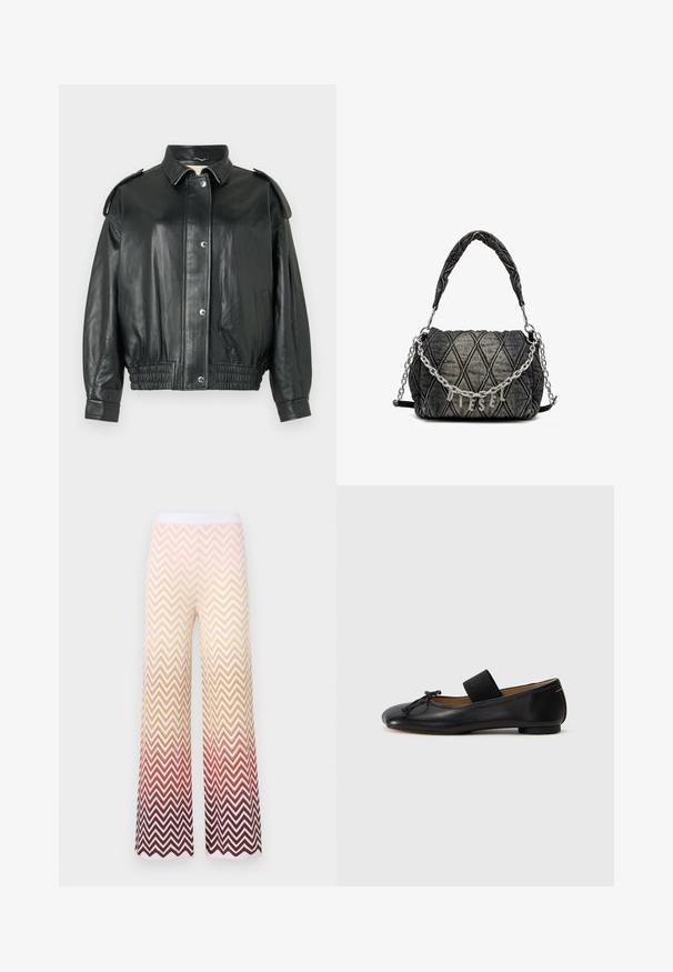 Black leather jacket with a classic collar, snap-button closure, side pockets, and gathered elastic waistband. Features shoulder accents.; VILA VIVIGGA CONTRAST - Jumper - dark grey/black; Wide-leg, knit pants featuring a zigzag chevron pattern, transitioning from cream to orange to deep red, with a white elastic waistband.; Black leather ballet flats with a rounded toe, a small knot detail, and an elastic strap across the instep for a secure fit. Flat sole.; Quilted denim handbag in dark gray, featuring a chain link strap and a metallic "DIESEL" logo. Compact, rectangular shape, textured surface.