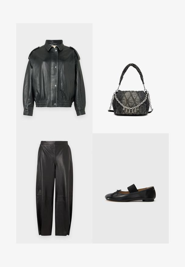 Juodas odinis švarkas su klasikine apykakle, užsegimu su spaudėmis, šoninėmis kišenėmis ir susGatherinta elastine liemene. Apsaugos ant pečių.; VILA VIVIGGA CONTRAST - Džemperis - dark grey/black; Juodos odinės kelnės laisvo kirpimo, dekoruotos siūlėmis ir plačiu juosmeniu. Lygus paviršius ir tiesios kojos dizainas.; Juodi odiniai baleto bateliai su apvalia nosimi, maža mazgo detalė ir elastinga juostelė per pėdos viršų, užtikrinanti tvirtą prigludimą. Plokšias padas.; Patalpinta džinsinio audinio rankinė tamsiai pilkos spalvos, su grandinės diržu ir metaliniu "DIESEL" logotipu. Kompaktiška, stačiakampė forma, struktūruotas paviršius.