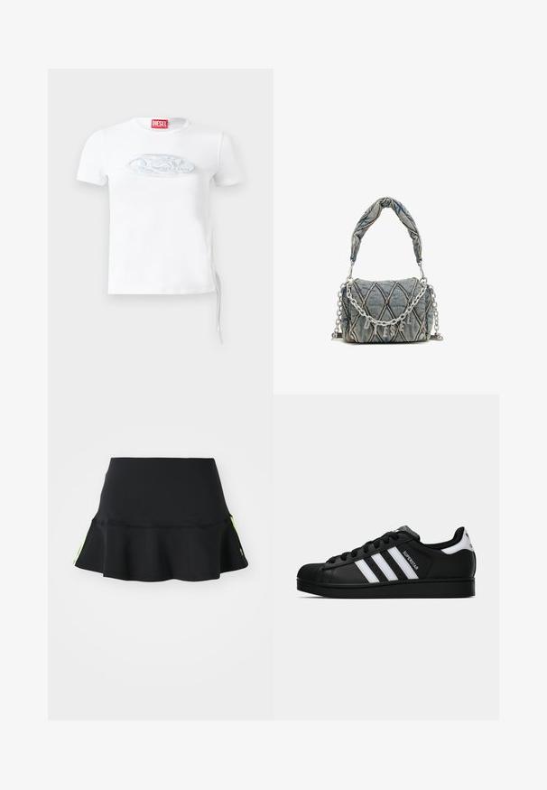 Black leather jacket with a classic collar, snap-button closure, side pockets, and gathered elastic waistband. Features shoulder accents.; White short-sleeve t-shirt made of cotton. Features a textured silver logo on the front and side laces for adjustable fit.; adidas Originals SKIRT - Mini skirt - black; Black Adidas Superstar sneaker with white stripes, shell toe, and "Superstar" text on side, shown in side profile on white background.; Denim handbag with quilted pattern, blue color, short braided handle, and silver chain strap featuring metallic brand lettering detail.