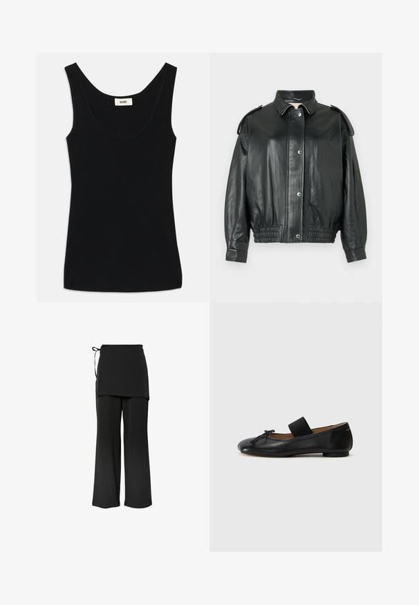 Černá kožená bunda s klasickým límečkem, zapínáním na patenty, bočními kapsami a nařaseným elastickým pasem. Obsahuje akcentované ramena.; Černý top bez rukávů vyrobený z měkké tkaniny s kulatým výstřihem a širokými ramínky. Má přiléhavý střih a čistý, bezešvý design.; Černé kalhoty s širokými nohavicemi a vrstveným designem, s bočním zavázáním. Vyrobené z jemné, hladké tkaniny, s jednoduchým a čistým střihem.; Černé kožené baleríny s kulatou špičkou, malou mašlí a elastickým páskem přes nárt pro bezpečné uchycení. Rovná podešev.