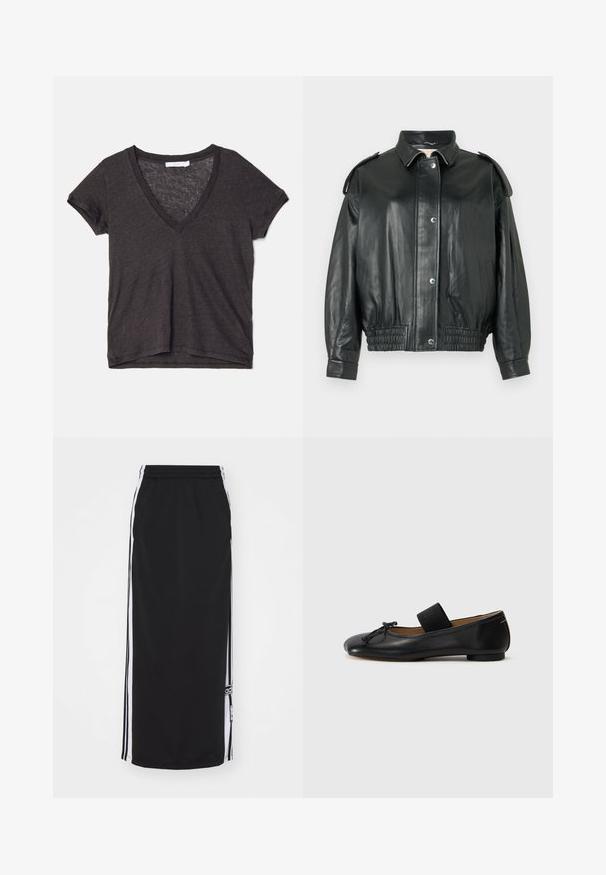 Fekete bőrdzseki klasszikus gallérral, patentos záródással, oldalsó zsebekkel és ráncolt elasztikus derékpánttal. Válldíszítésekkel rendelkezik.; Sötétszürke, rövid ujjú V-nyakú póló, amely könnyű, légáteresztő anyagból készült, laza szabással és finom textúrával.; Fekete sport szoknya fehér oldalsávokkal, rugalmas derékkal és logós díszítéssel. Légáteresztő anyagból készült, térd fölé érő fazon.; Fekete bőr balettcipők lekerekített orral, kicsi masni részlettel és egy elasztikus pánttal a lábfej fölött a biztonságos illeszkedés érdekében. Lapos talp.