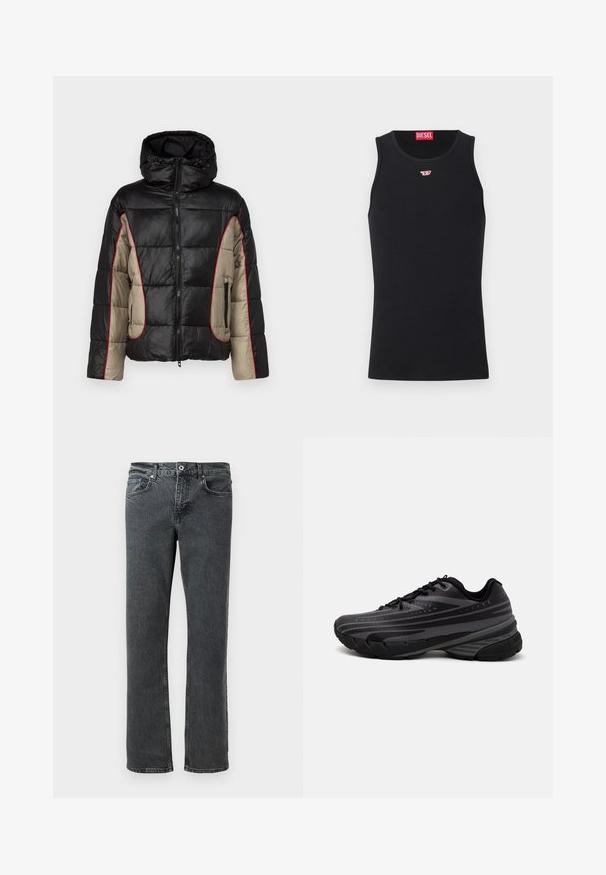 Casaco puffer preto e bege com capuz, apresentando painéis acolchoados, costura de contraste vermelha e bolsos laterais com fecho de correr.; Camisola preta sem mangas feita de tecido suave, com decote redondo, aberturas para os braços e um pequeno logótipo vermelho no peito. Design simples.; Jeans de perna reta em lavagem preta, com cinco bolsos, fecho de botão e passadores de cinto, exibidos contra um fundo branco.; Shoe de corrida preta com um cabedal texturizado apresentando riscas cinzentas. Sola grossa para amortecimento, bico redondo e atacadores planos para um ajuste seguro.
