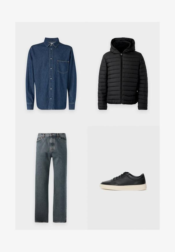 Melnā puffa jaka ar kapuci, ar kviltotu dizainu, viegla, ar pilnu rāvējslēdzēju un elastīgām aprocēm siltumam un komfortam.; Tumši zilas džinsu krekls ar garām piedurknēm, pogām priekšā un vienu krūšu kabatu. Iespējama klasiskā apkakle un taisna apakšmala.; Tumšas denima bikses ar taisnas kājas dizainu, smalkajām šuvēm un pogu aizdari, kā arī piecu kabatu stilu.; Melnas zemas ādas sporta kurpes ar melnām auklām un off-white zoli, rādītas no sānu profila uz baltā fona.