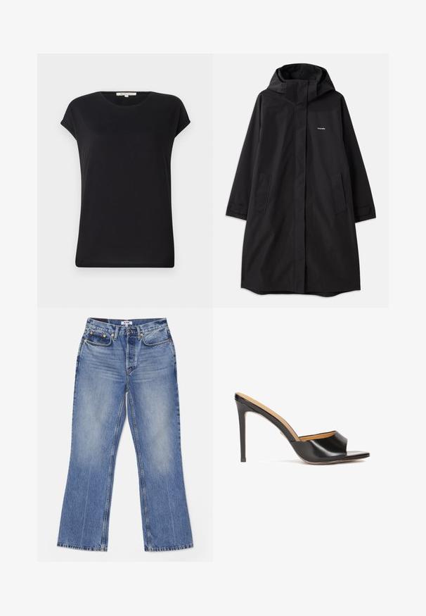 Black waterproof coat with hood, long sleeves, side pockets, and front zipper. Features minimalistic design with brand logo on chest.; Black short-sleeve top in soft fabric with a round neckline and relaxed fit. Features rolled cuffs and a smooth, uniform texture.; RE/DONE LOOSE - Bootcut jeans - hacienda; Black open-toe heeled mules with a glossy leather finish, tapered block heel, and a smooth curved strap across the instep.