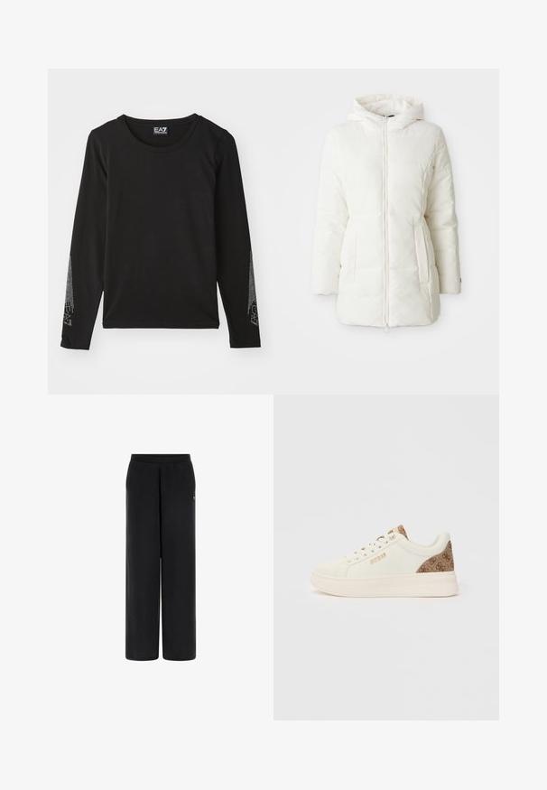 Bijela šuplja jakna s kapuljačom, s prednjim zipom, bočnim džepovima i glatkom teksturom. Jednostavan dizajn bez uzoraka.; Crna majica dugih rukava napravljena od mekanog materijala, s okruglim izrezom i srebrnim ukrasima duž rukava u gradijentnom uzorku.; Crne široke hlače od mekanog materijala s elastičnim pojasom. Imaju mali logotip na lijevoj strani. Glatka tekstura i kroj prilagođen tijelu.; Niske bijele tenisice s bež uzorkom na peti i jeziku, zlatni "GUESS" logo sa strane i bijele vezice na bijeloj pozadini.