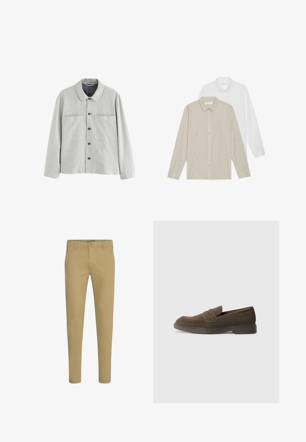 Ljusgrå skjortjacka i texturerat tyg med två framfickor och bruna knappar. Har klassisk krage och långa ärmar.; Två långärmade skjortor: en i vitt tyg och den andra i beige med tunna vertikala ränder. Båda har knäppbara kragar och manschetter.; Khaki chinos med en skräddarsydd passform, med knäppning, bältesöglor och sidofickor. Slät bomullsduk med matt finish.; Brun mockasnär med rund tå, ett rem över framfoten och en platt gummisula. Enkelt design med rena linjer och minimal detaljering.