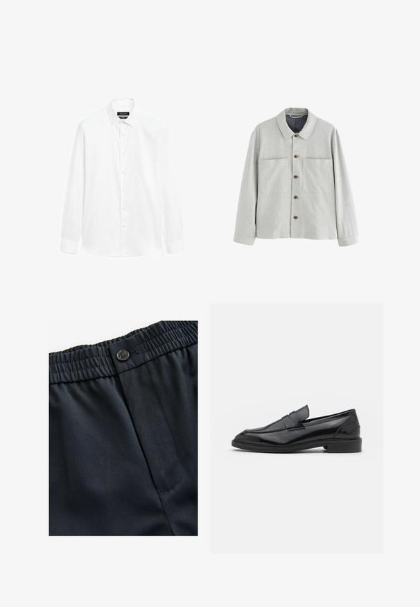 Giacca leggera grigio chiaro con tessuto strutturato, due tasche frontali e bottoni marroni. Presenta un colletto classico e maniche lunghe.; Camicia bianca con colletto button-down, maniche lunghe e pattina dei bottoni frontale. Il tessuto appare liscio con una leggera lucentezza.; Tessuto leggero di colore blu navy con una texture liscia. Presenta una cintura elastica con chiusura a bottone e una tasca laterale.; Mocassini in pelle nera con finitura liscia, caratterizzati da una punta tonda e una fascia stretta sulla parte superiore. Tacco basso impilato.