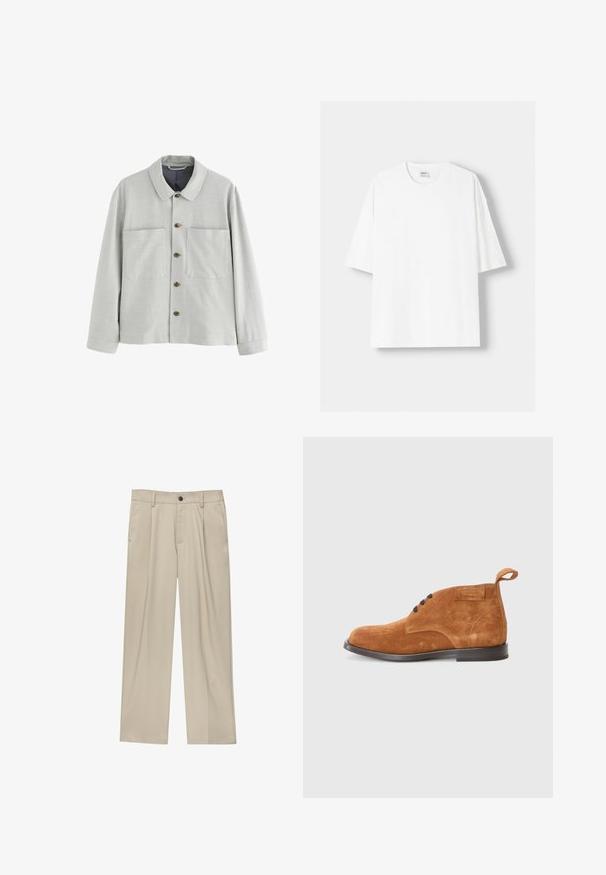 Svijetlosiva jakna na kopčanje od teksturiranog tkanja, s dva prednja džepa i smeđim gumbima. Ima klasični ovratnik i duge rukave.; Bijela kratkodlana majica s kratkim rukavima, izrađena od pamuka, s okruglim izrezom i opuštenim krojem. Gladak materijal, bez vidljivih uzoraka ili akcenta.; Bež hlače ravnog kroja s jednim crnim gumbom, petljama za remen i bočnim džepovima. Glatka tekstura tkanine i minimalistički dizajn.; Smeđe ante čizme do gležnja s okruglim prstom, s crnim vezicama, trakicom za povlačenje i niskom crnom potplatom. Glatka tekstura, minimalistički dizajn.