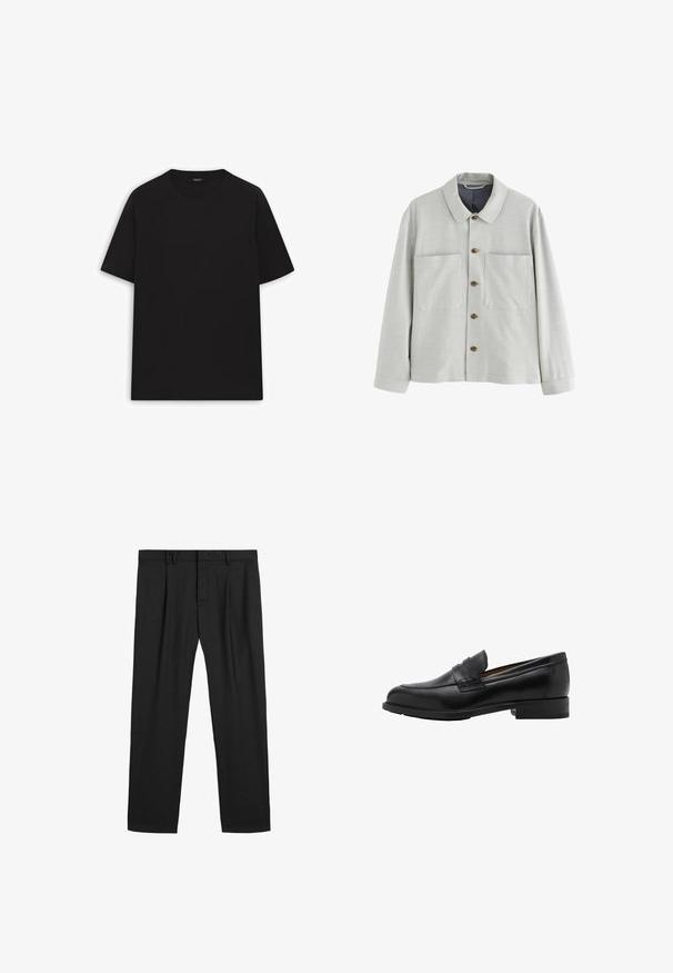 Lichtgrijze blousejack met een gestructureerde stof, twee voorzakken en bruine knopen. Heeft een klassieke kraag en lange mouwen.; Zwarte katoenen t-shirt met korte mouwen, ronde halslijn en een effen textuur. Geen zichtbare patronen of hardware details.; Zwarte geplooide broeken gemaakt van een gladde stof, met een traditionele tailleband en een recht gesneden ontwerp. Geen zichtbare patronen of hardware.; Zwarte leren instappers met een gestikte voorkant en een platte hak. Glad van textuur met een ronde neus en een decoratieve band over de wreef.