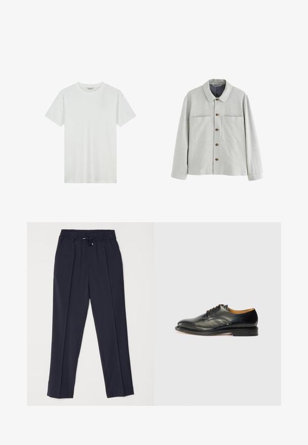 Helehall hall kangastatud kangaga jope, millel on kaks esimest taskut ja pruunid nupud. Omadusteks on klassikaline krae ja pikad varrukad.; Dstrezzed Lihtne T-särk - white; Tumesinise värvi püksid elastse talje ja nööriotstega. Omab kahte eesmist voldikute ja kitsenevaid jalgu, et luua struktureeritud siluett.; Must musta kingad, millel on sile pind, ümar nina ja minimaalne paelamine. Omab peent disaini ja madalat, tugevat kummist tallat.