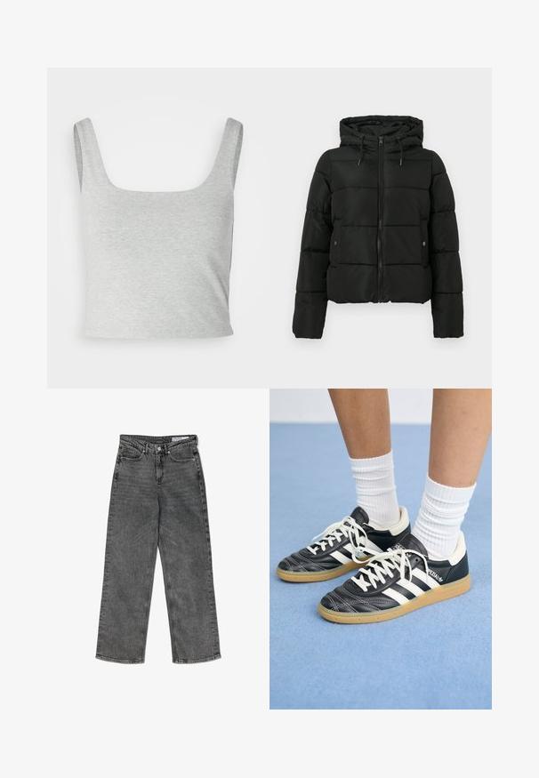 Črna pufasta jakna s kratkim krojem, kapuco, zadrgo, prešito teksturo in kovinskimi detajli na zadrgi ter žepih.; Sivina skrajšana majica brez rokavov s širokimi naramnicami, kvadratnim izrezom in mehko, gladko teksturo. Preprost dizajn brez dodatnih vzorcev ali poudarkov.; Visoko pasu črne oprane hlače naravnega kroja z sprednjimi žepi, zankami za pas, gumbnim zapiranjem in oznako blagovne znamke na notranjem pasu.; Črne usnjene superge z belimi črtami, okroglo konico, belimi vezalkami in gumijastim podplatom. Poudarjene z oblazinjenim ovratnikom in detajli blagovne znamke.
