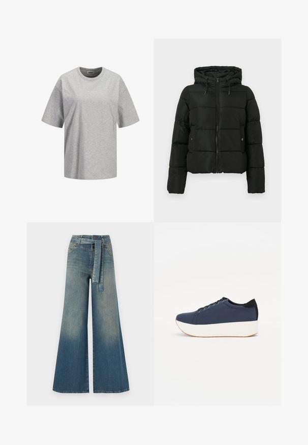 Černá péřová bunda s kratším střihem, kapucí, zipovým zapínáním, prošívanou strukturou a kovovými detaily na zipu a kapsách.; Šedé bavlněné tričko s krátkým rukávem, kulatým výstřihem a malým bílým logem "JJXX STUDIO" na přední straně, hladká textura.; Džínové kalhoty širokého střihu s přechodem od světlé k tmavě modré, vysokým pasem, poutky na opasek a odpovídajícím opaskem ze stejného materiálu. Texturovaná džínovina.; Námořnické modré tenisky s texturovaným textilním svrškem, bílou platformovou podrážkou, kulatou špičkou a černým akcentem na patě. Obsahují šest očíček pro tkaničky.
