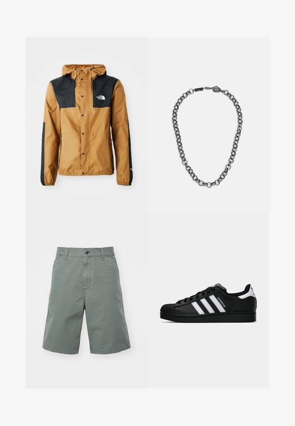 Veste marron résistante à l'eau avec épaules noires, fermeture à pression, capuche ajustable, et logo sur la poitrine gauche et la manche.; Trois débardeurs blancs côtelés en coton. Présentent un col rond et de petites étiquettes noires près de l'ourlet. Disponibles en plusieurs tailles.; Shorts en coton vert clair avec fermeture boutonnée, passants de ceinture et poches latérales. Présente une coupe droite et une texture légère.; Baskets Adidas Superstar noires avec rayures blanches, bout en coque, et texte "Superstar" sur le côté, montrées en profil sur fond blanc.; Collier en métal avec des maillons allongés dans une couleur gunmetal foncé. Comprend un accent géométrique et un fermoir avec des détails de marque.