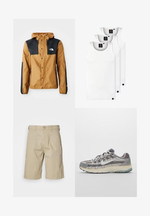 Chaqueta marrón impermeable con hombros negros, cierre a presión, capucha ajustable y logo en el pecho izquierdo y la manga.; Tres camisetas sin mangas de algodón de color blanco con canalé. Cuentan con cuello redondo y pequeñas etiquetas negras cerca del dobladillo. Disponibles en múltiples tamaños.; Pantalones cortos de algodón beige con corte recto, cierre de botón, pasadores para cinturón y dos bolsillos laterales. Textura suave y diseño hasta la rodilla.; Zapatilla deportiva gris con parte superior de malla y ante, acentos blancos, suela acolchada y un diseño distintivo con elementos reflectantes.