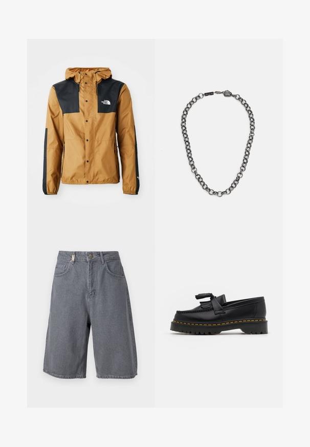 Veekindel pruun jakk mustade õlgadega, nööbiga sulgemine, reguleeritav kapuuts ning logo vasakul rinnal ja varrukal.; Kolm valget ribaga t-särki, mis on valmistatud puuvillast. Omavad ümmargust kaelanõhku ja väikseid musti silte hemme lähedal. Saadaval erinevates suurustes.; Hallide denim lühikesed püksid, millel on mugav lõige, nup closure, viis taskut ja veidi tuhmunud tekstuur. Klassikaline ja mitmekülgne disain.; Mustmust musta loafer, millel on frantsiisi aktsent, paks must tald ja kollane õmblus servas. Tekstuuriga viimistlus.; Metallist ehetross, millel on piklikud lingid tumedast terasest. Omab geomeetrilist aktsenti ja brändimise detailiga klamber.