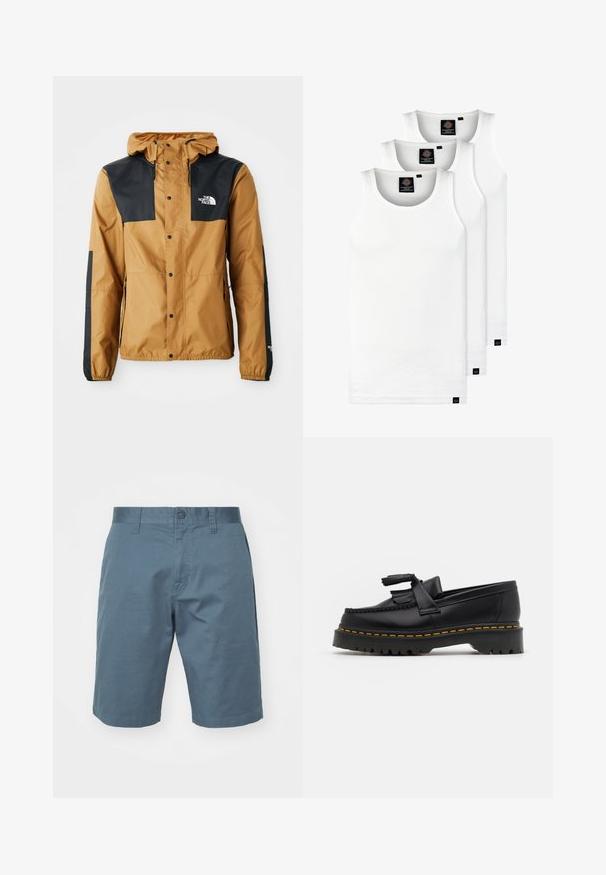 Vandafvisende brun jakke med sorte skuldre, trykknaplukning, justerbar hætte og logo på venstre bryst og ærme.; Tre hvide ribbede tanktops lavet af bomuld. Har en rund hals og små sorte mærker nær sømmen. Fås i flere størrelser.; Blå bomuldsshorts med knaplukning, bæltestropper og sidelommer. Glat tekstur med en afslappet pasform, der når ovenfor knæet.; Sort læderloafer med en frynsedetalje, der har en kraftig sort sål og gul syninger langs kanten. Teksturert overflade.